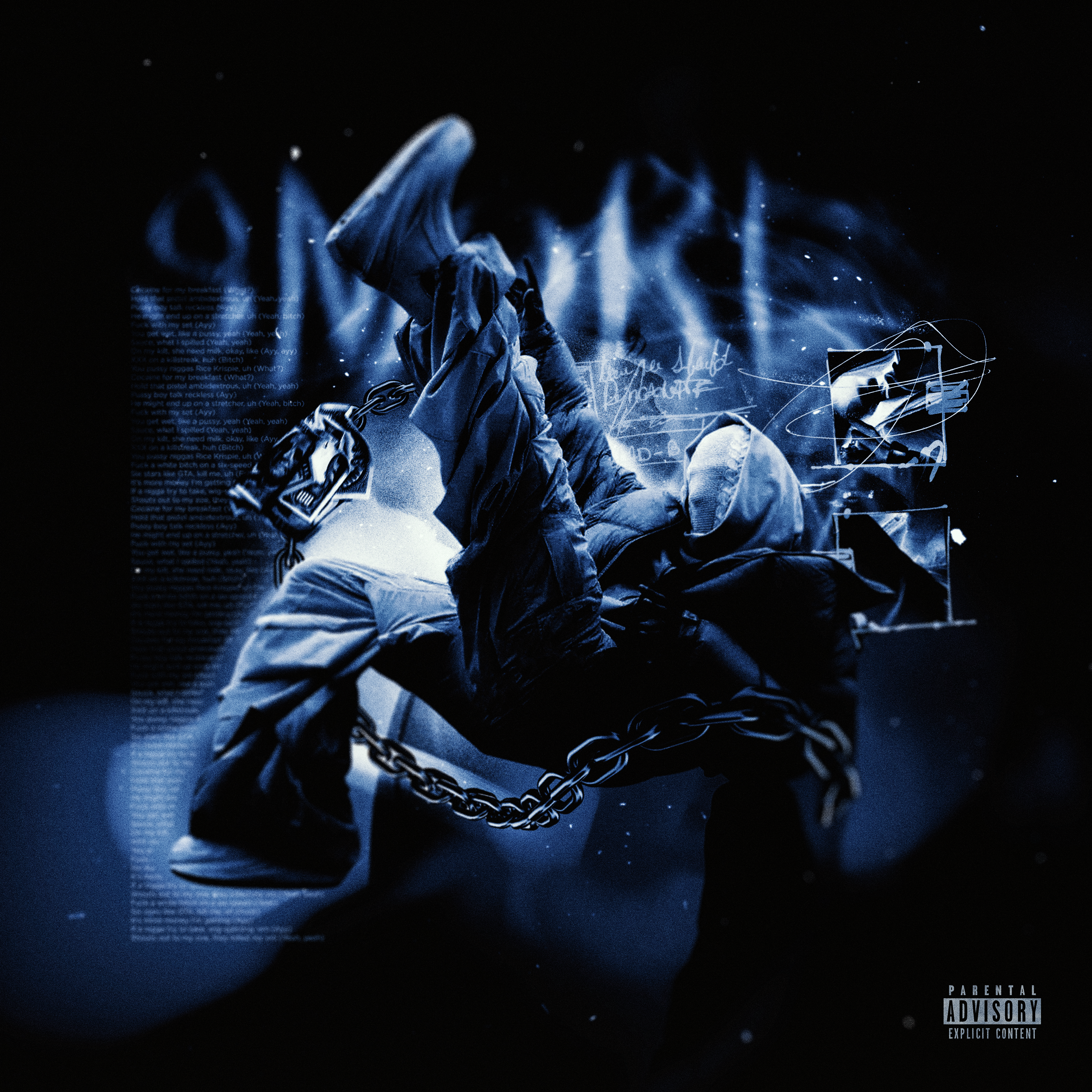 Album cover with a person in a hoodie and chains, digital elements, and a dark background. cover art album