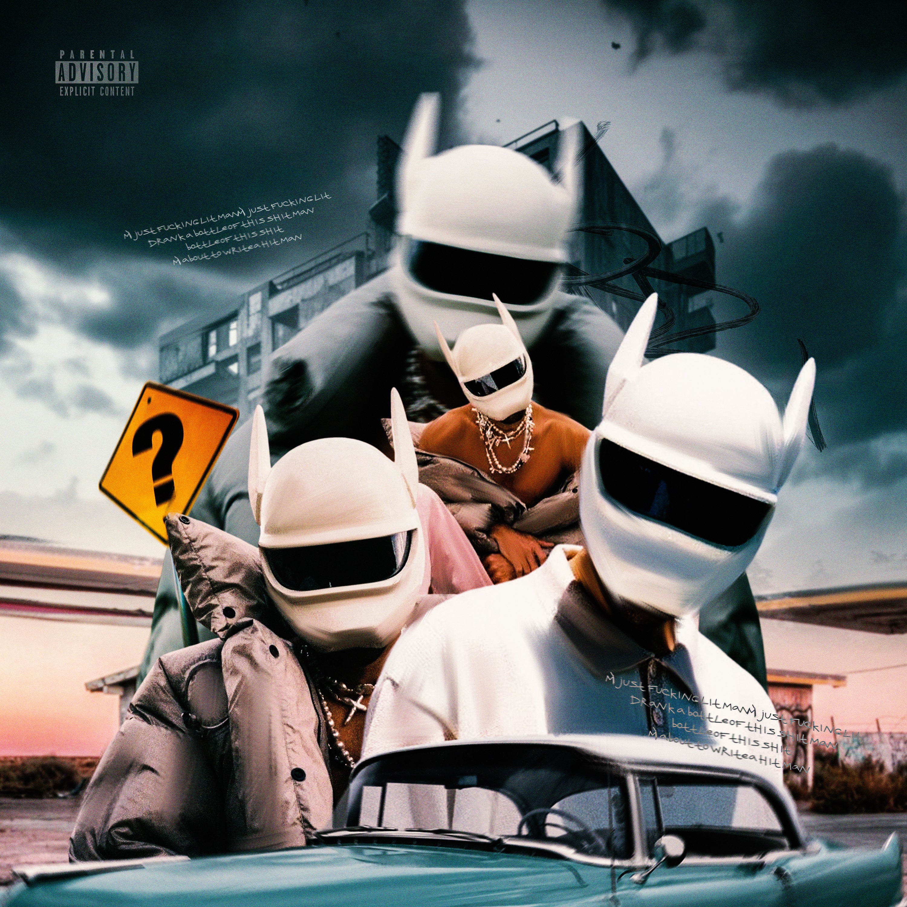 Collage of people wearing white helmets with a question mark sign and vintage car in the background. cover art album