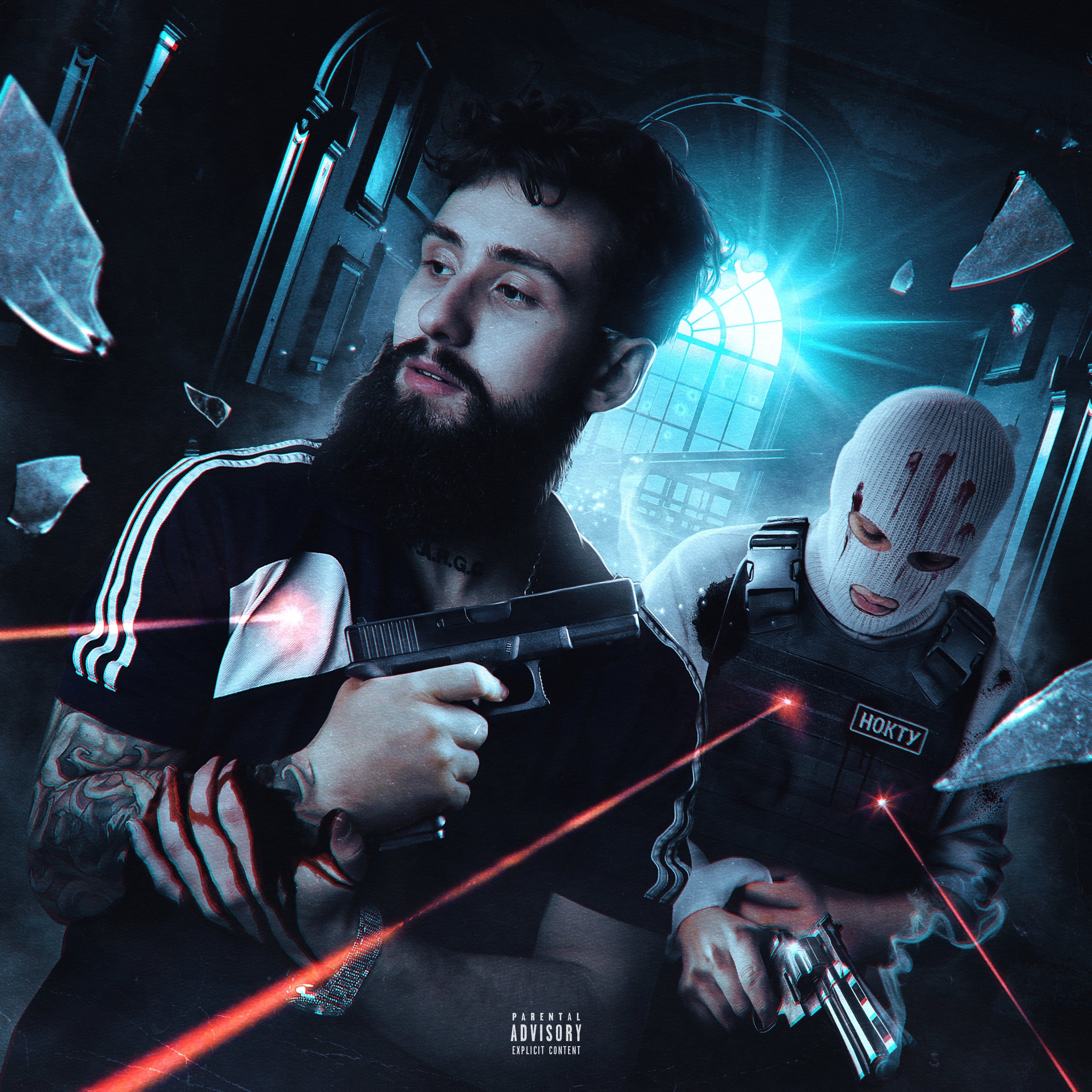 Two individuals in a high-stakes scenario with weapons and dramatic cover art albumlighting.