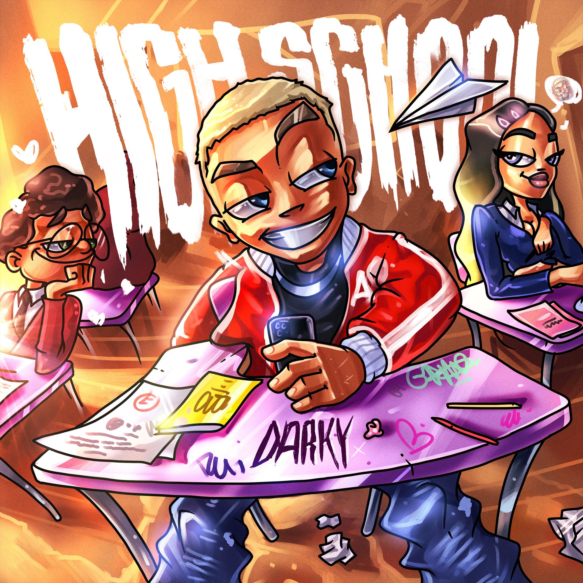 Cartoon-style illustration of a high school classroom with students and desks. cover art album