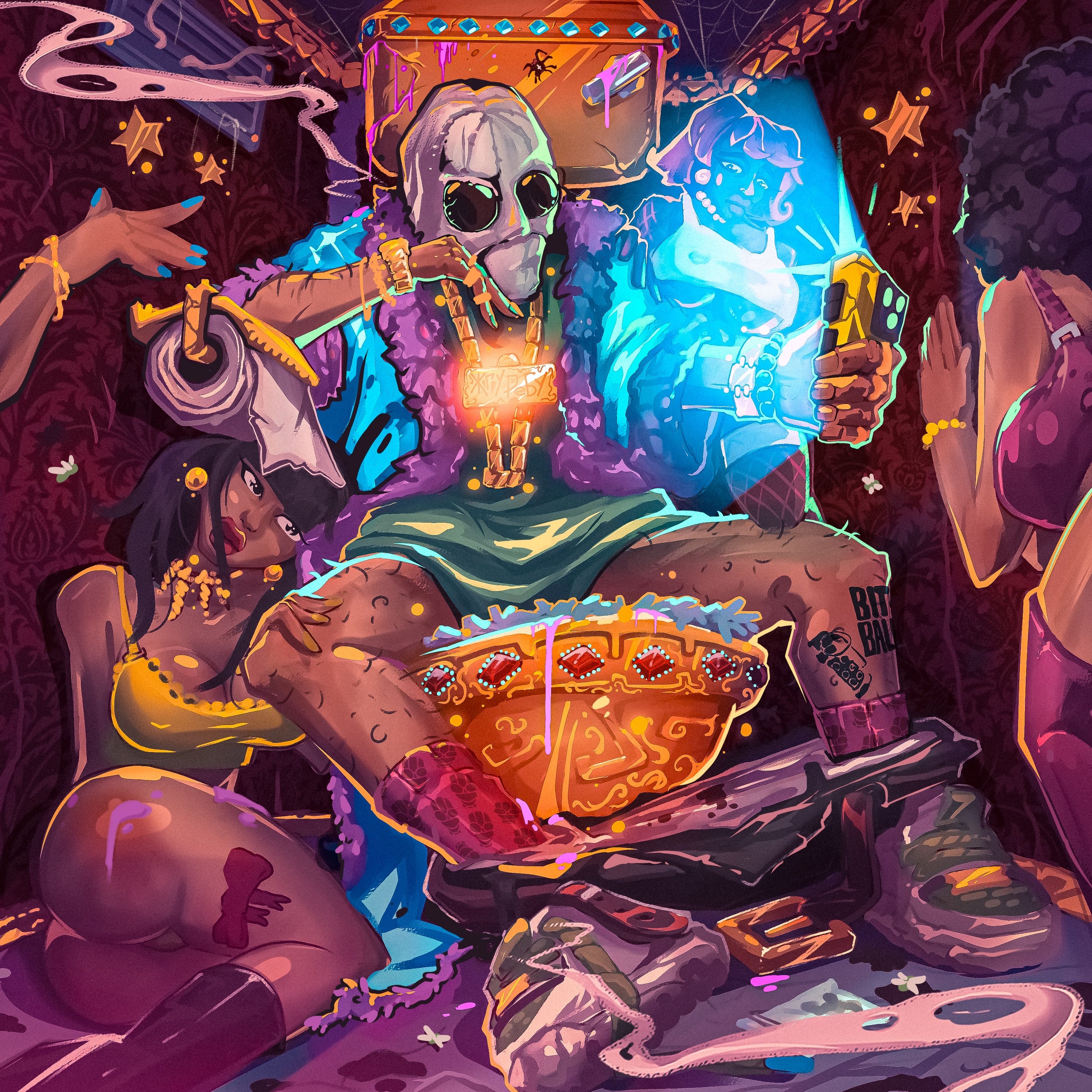 Colorful illustration of a character with a glowing blue crystal and various objects in a dark, mystical setting. cover art album
