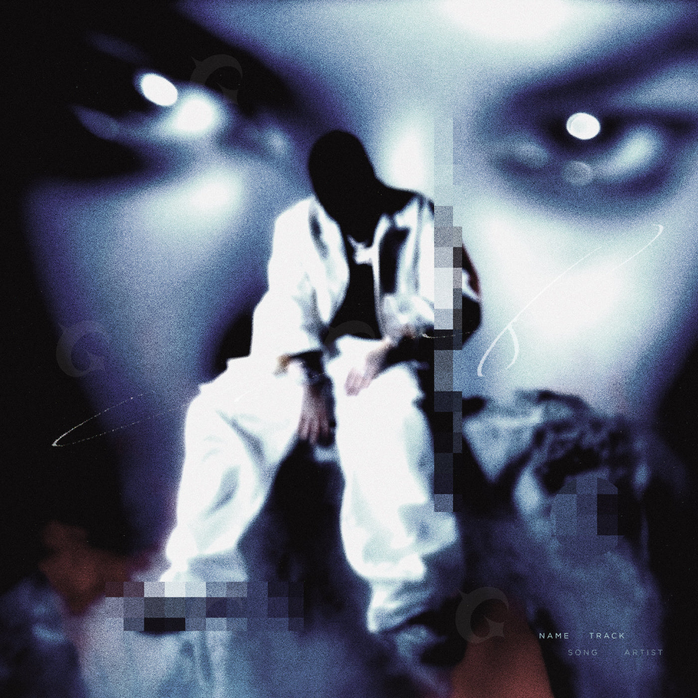 Album cover with a person in a white outfit sitting on a chair, surrounded by abstract shapes and light effects.