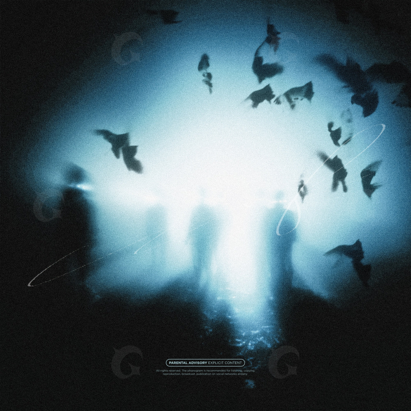 Shrouded figures and birds