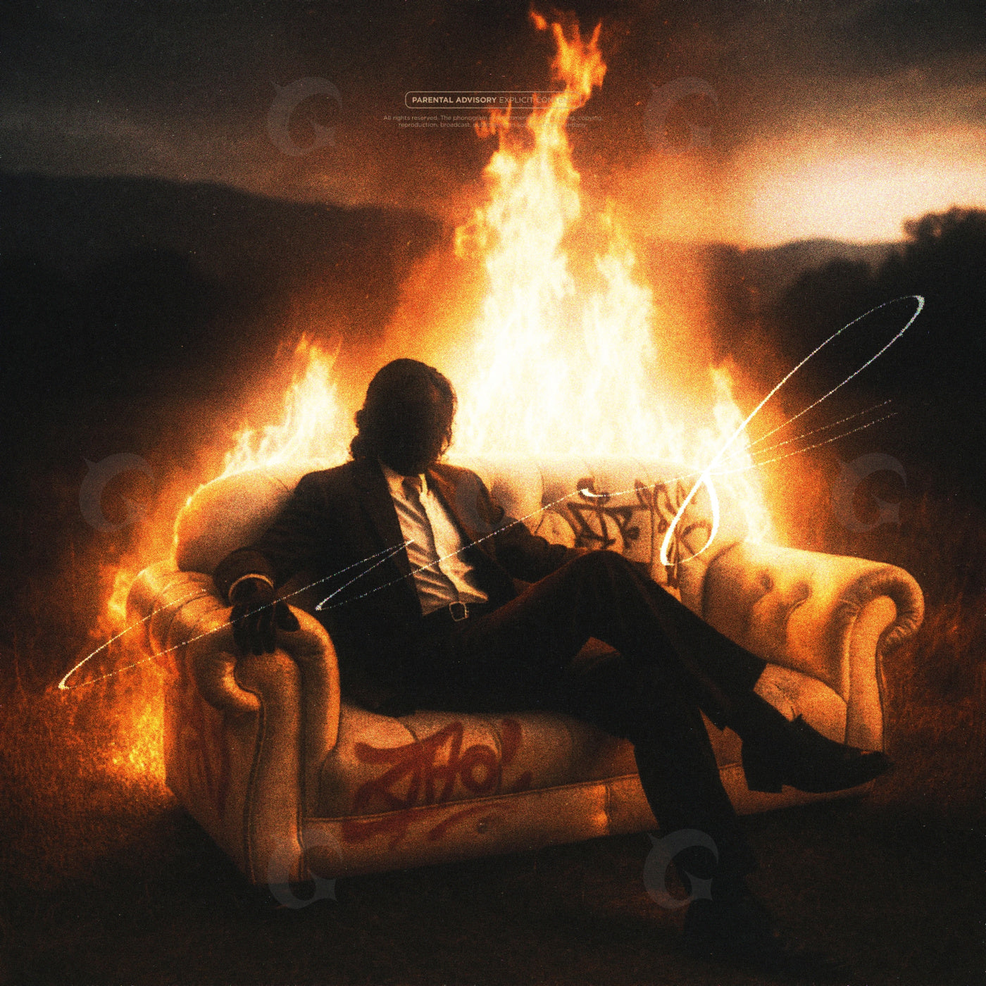 Man sitting amid flames