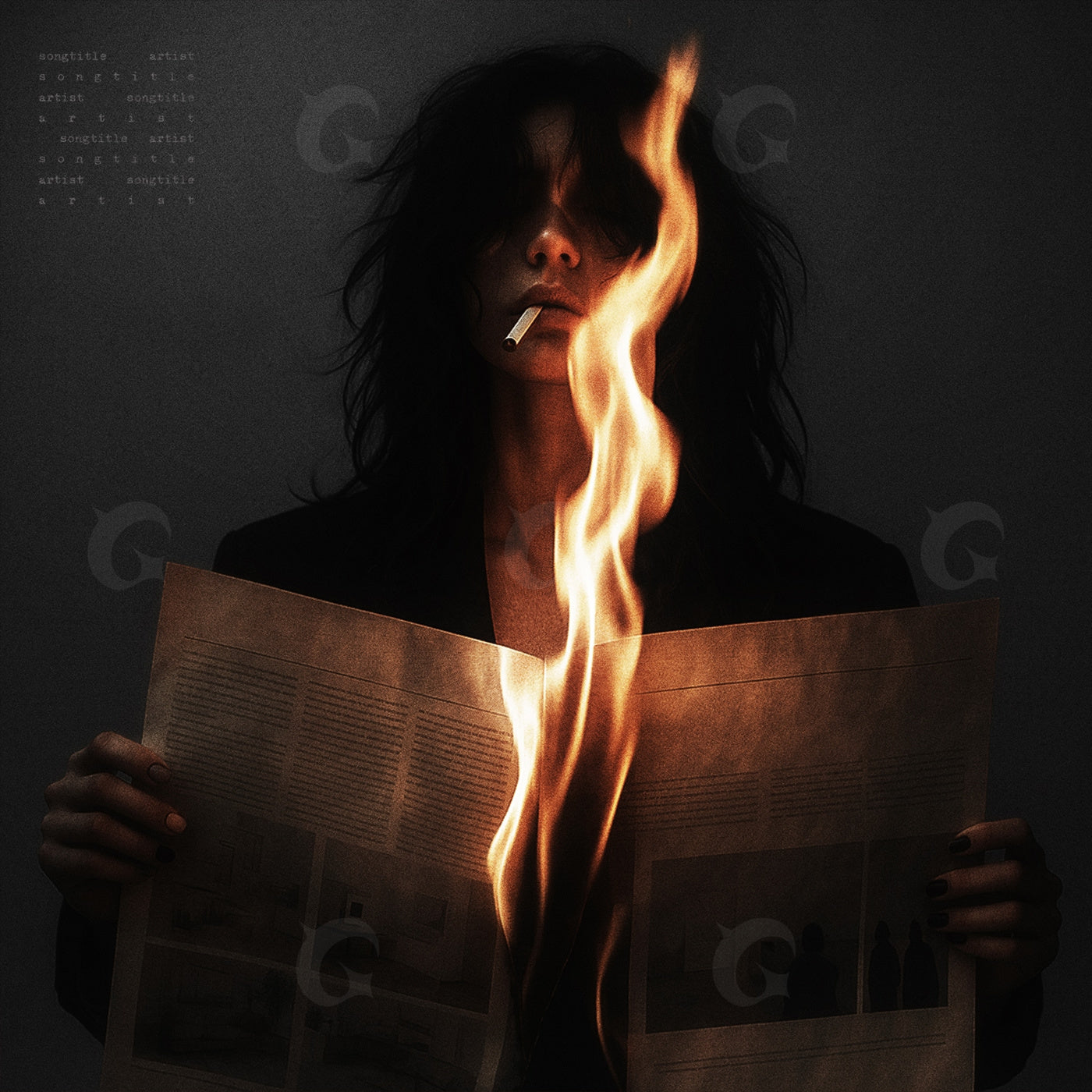 Woman reading burning newspaper