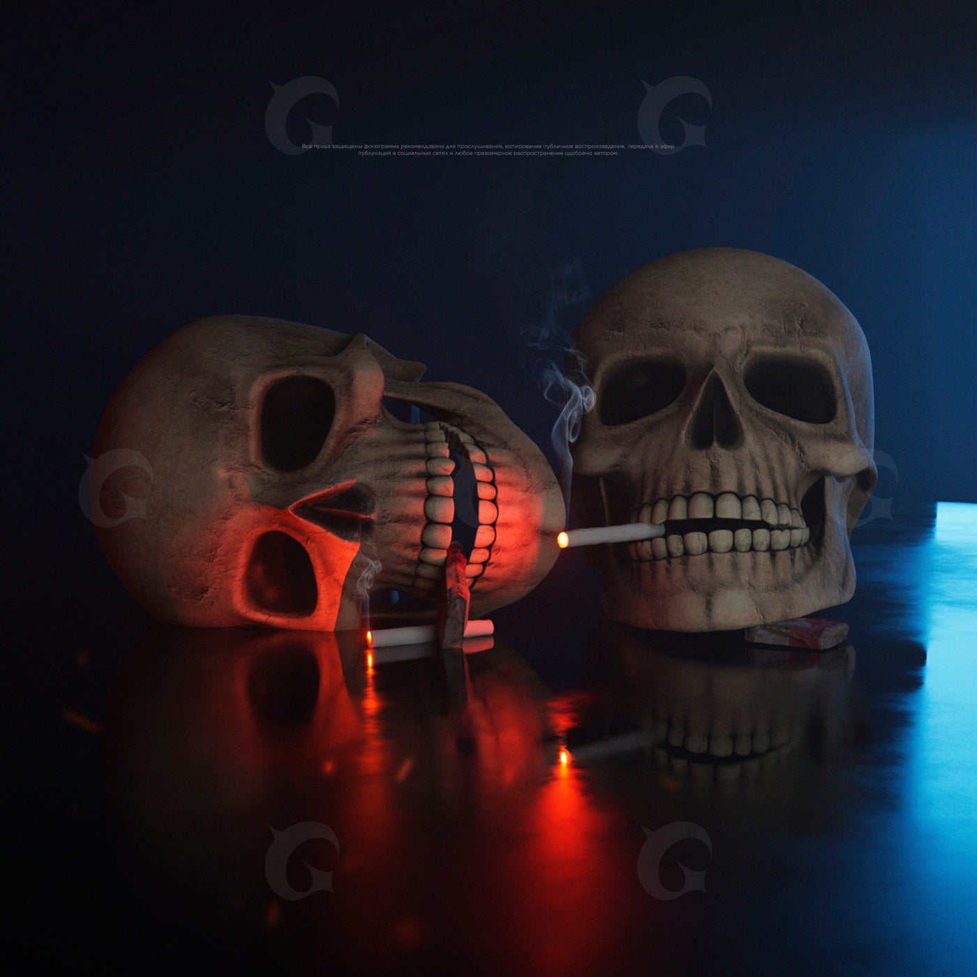 Skulls sharing cigarette