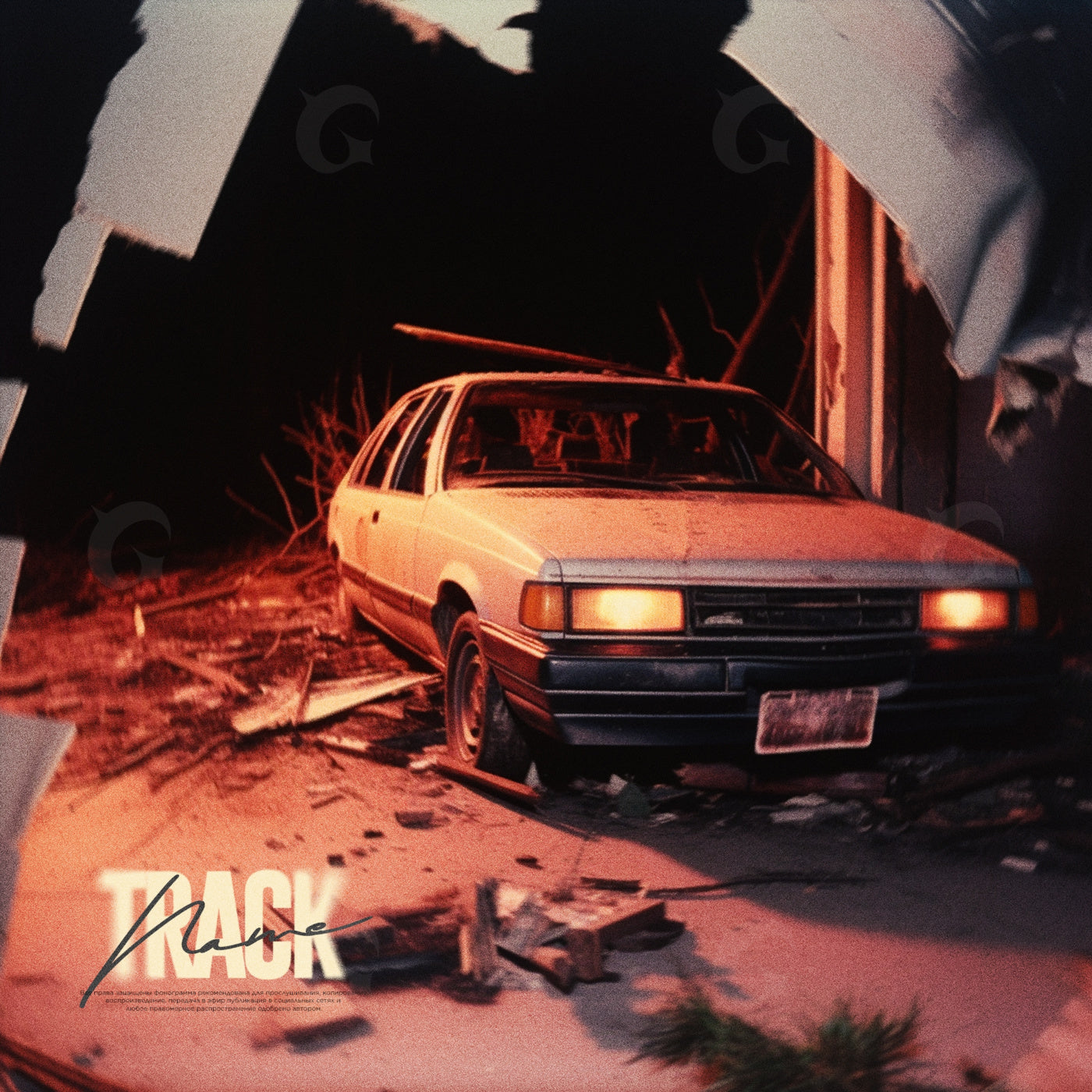 Abandoned sedan at night