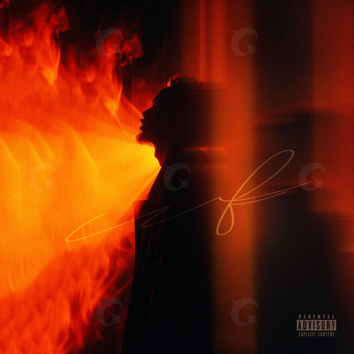 Silhouette against flames