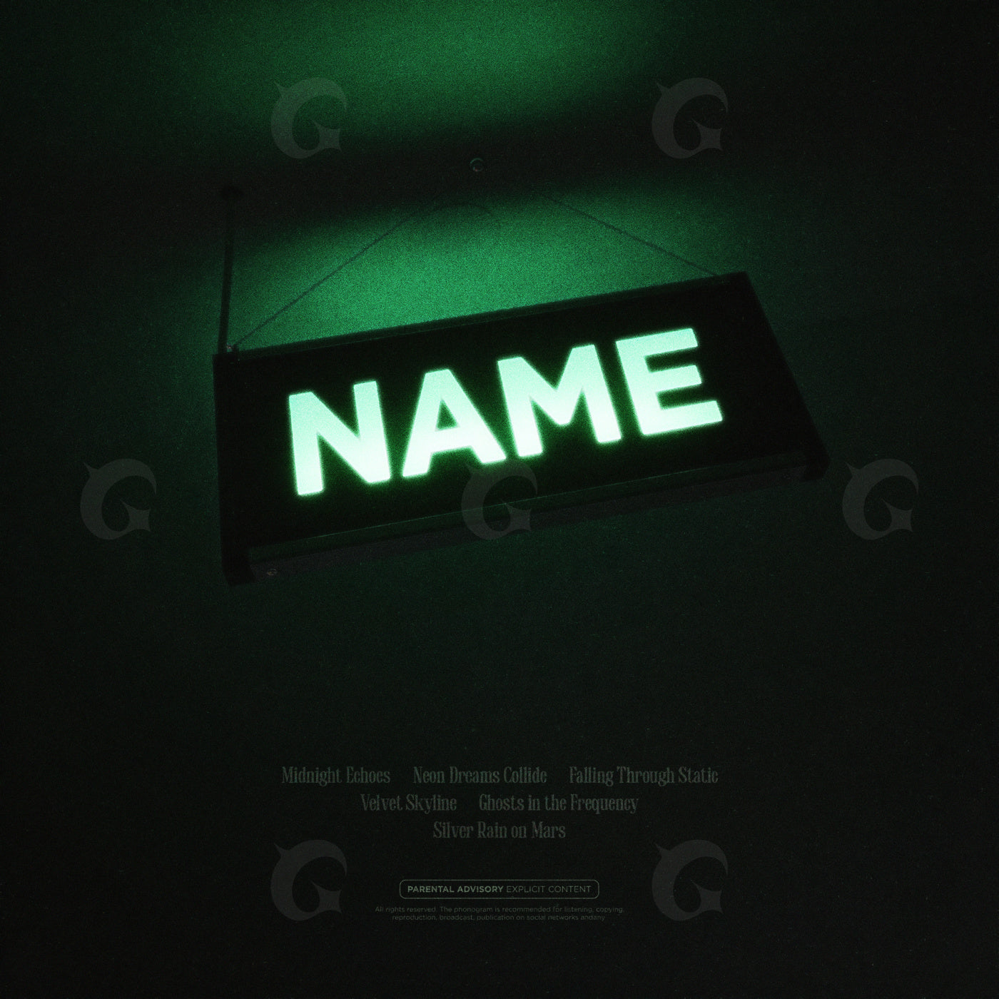 Glowing green sign with 'NAME' text on a dark background cover art album
