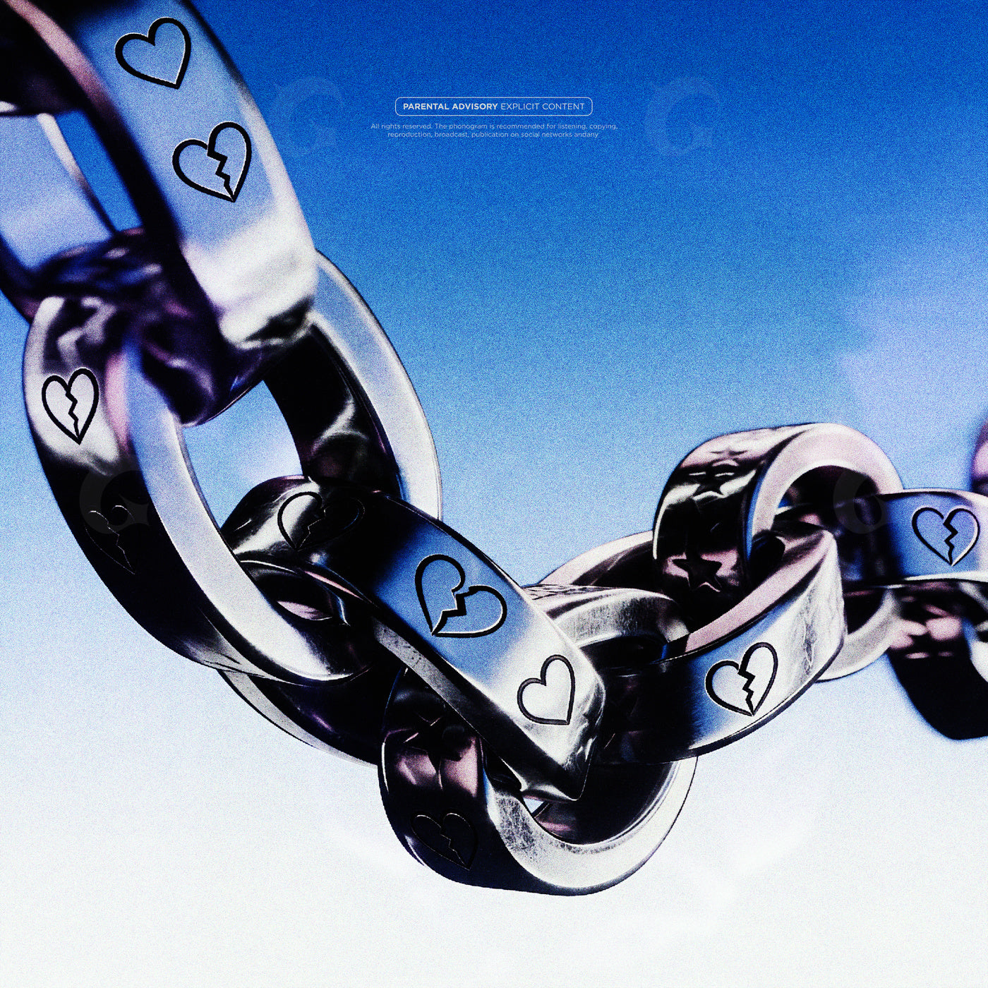 Close-up of a silver chain with heart-shaped links against a blue gradient background cover art album