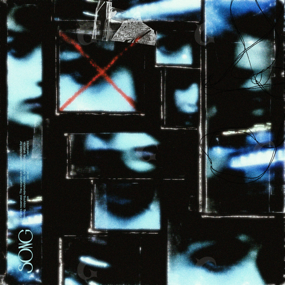 Pochette d’album prête à personnaliser : des cadres sombres et des écrans fragmentés aux textures bleues, blanches et noires.