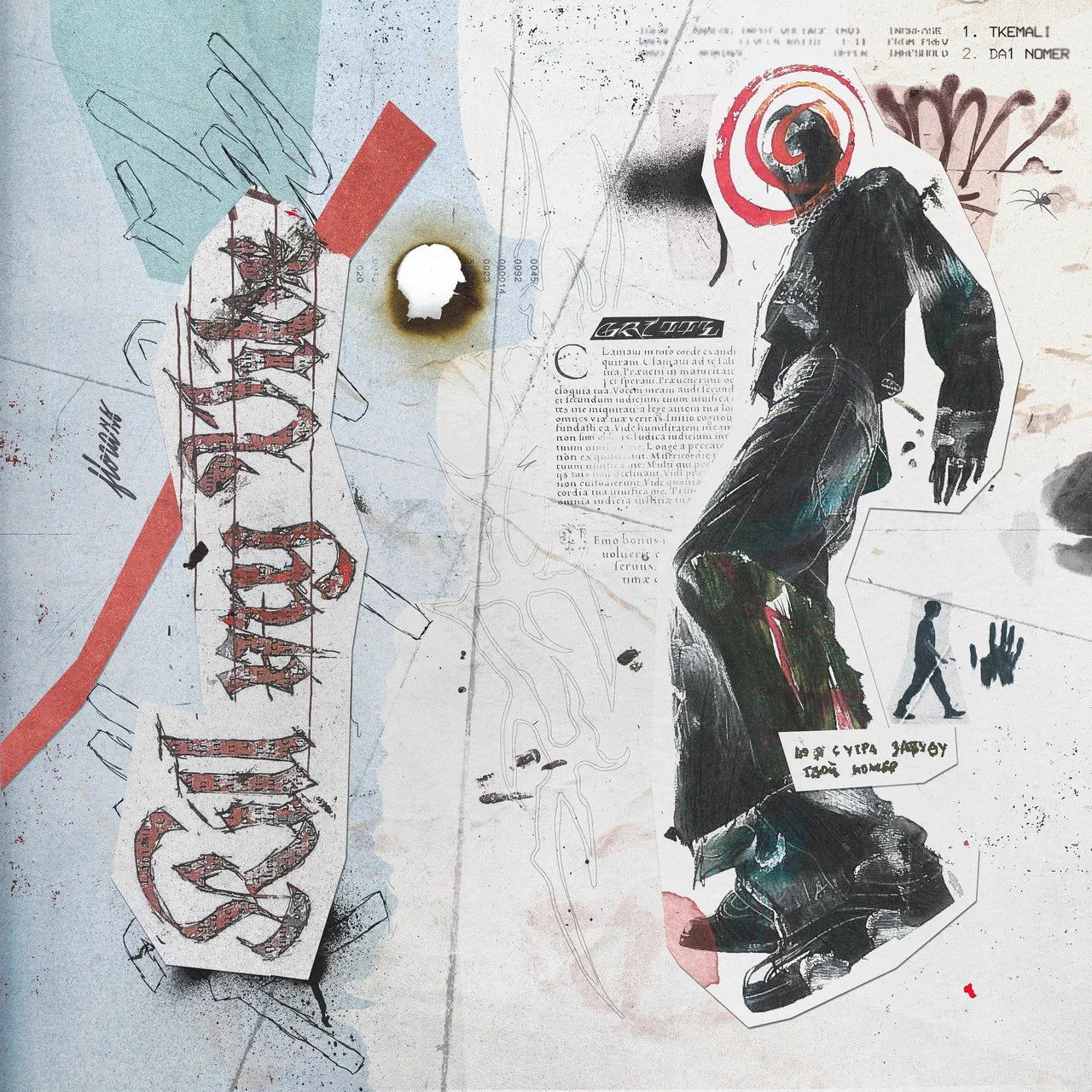 Artistic collage with abstract elements and a stylized figure. cover art album