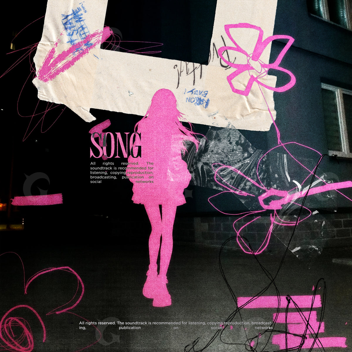 Pochette d’album prête à personnaliser : une silhouette rose sur un mur urbain mêlant collages, dessins et lettres.