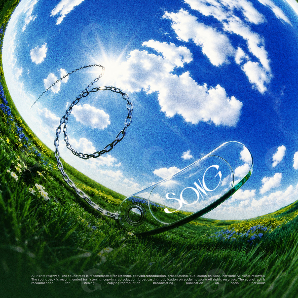 Portada musical prediseñada: una cadena suspendida entre la hierba y un cielo azul, con perspectiva de ojo de pez.