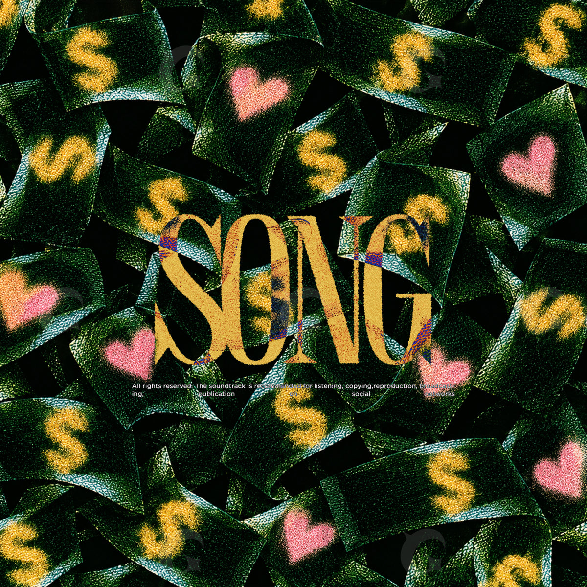 Portada musical prediseñada: un patrón verde de textura aterciopelada con corazones rosas y letras doradas.