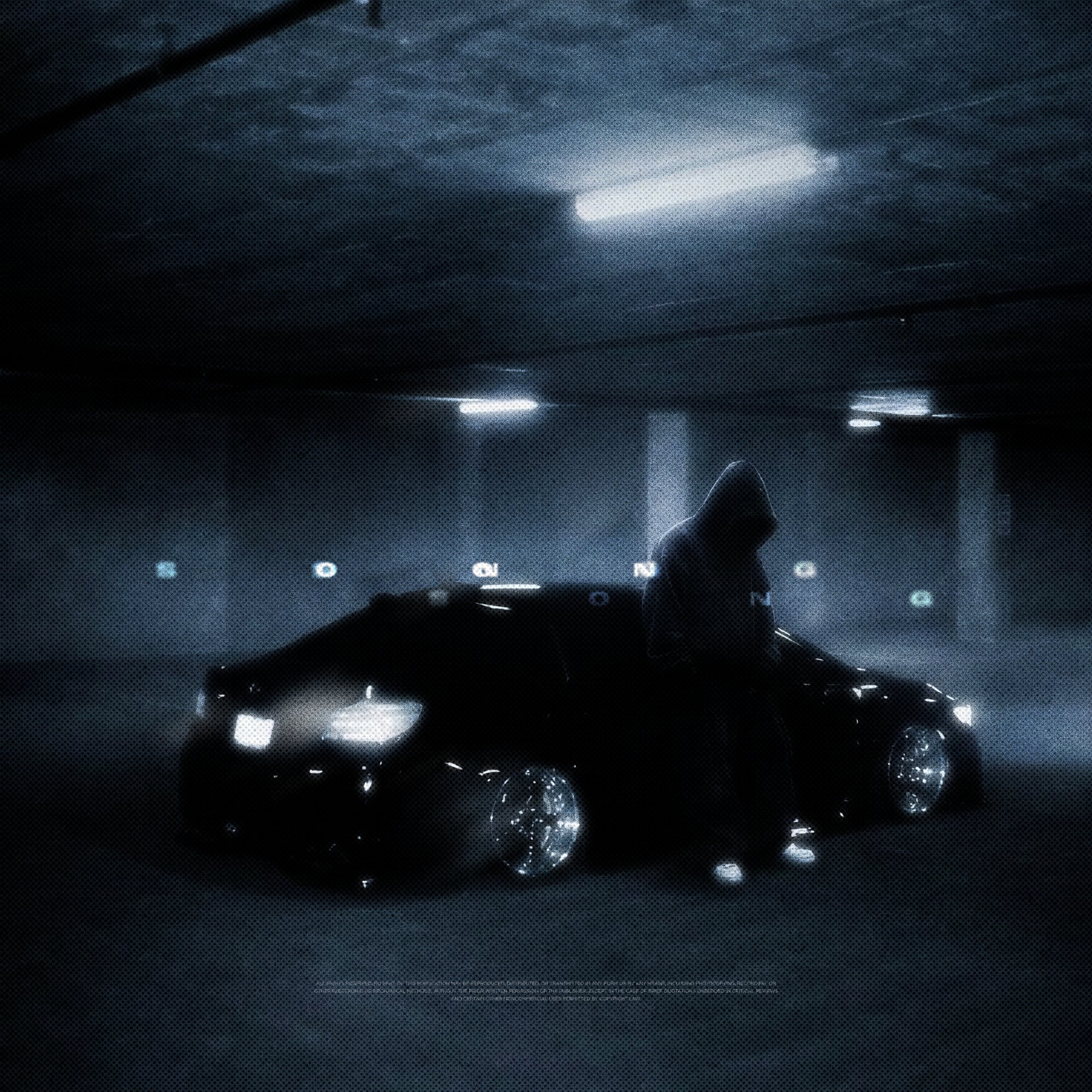 Person sitting on a car in a dark parking garage with illuminated  cover art albumheadlights.