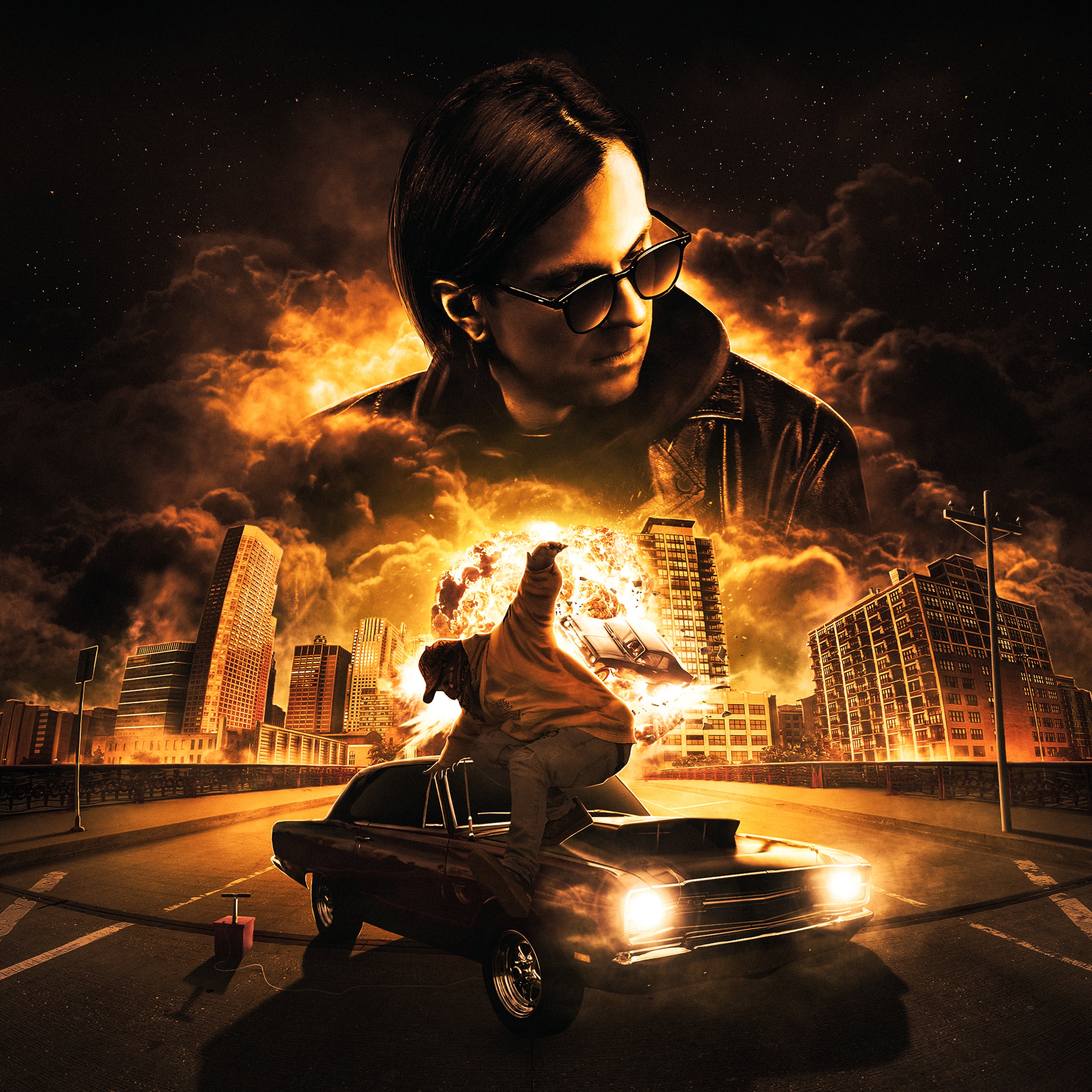 Person in sunglasses standing on a car with a cityscape in flames in the background cover art album