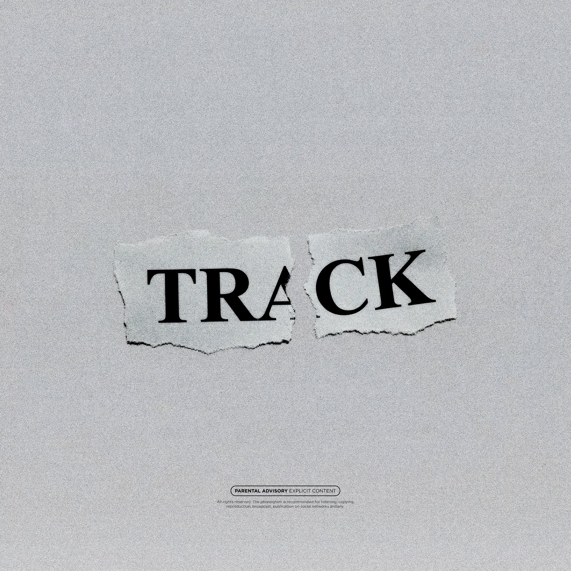 Text 'TRACK' made of torn paper pieces on a gray background cover art album