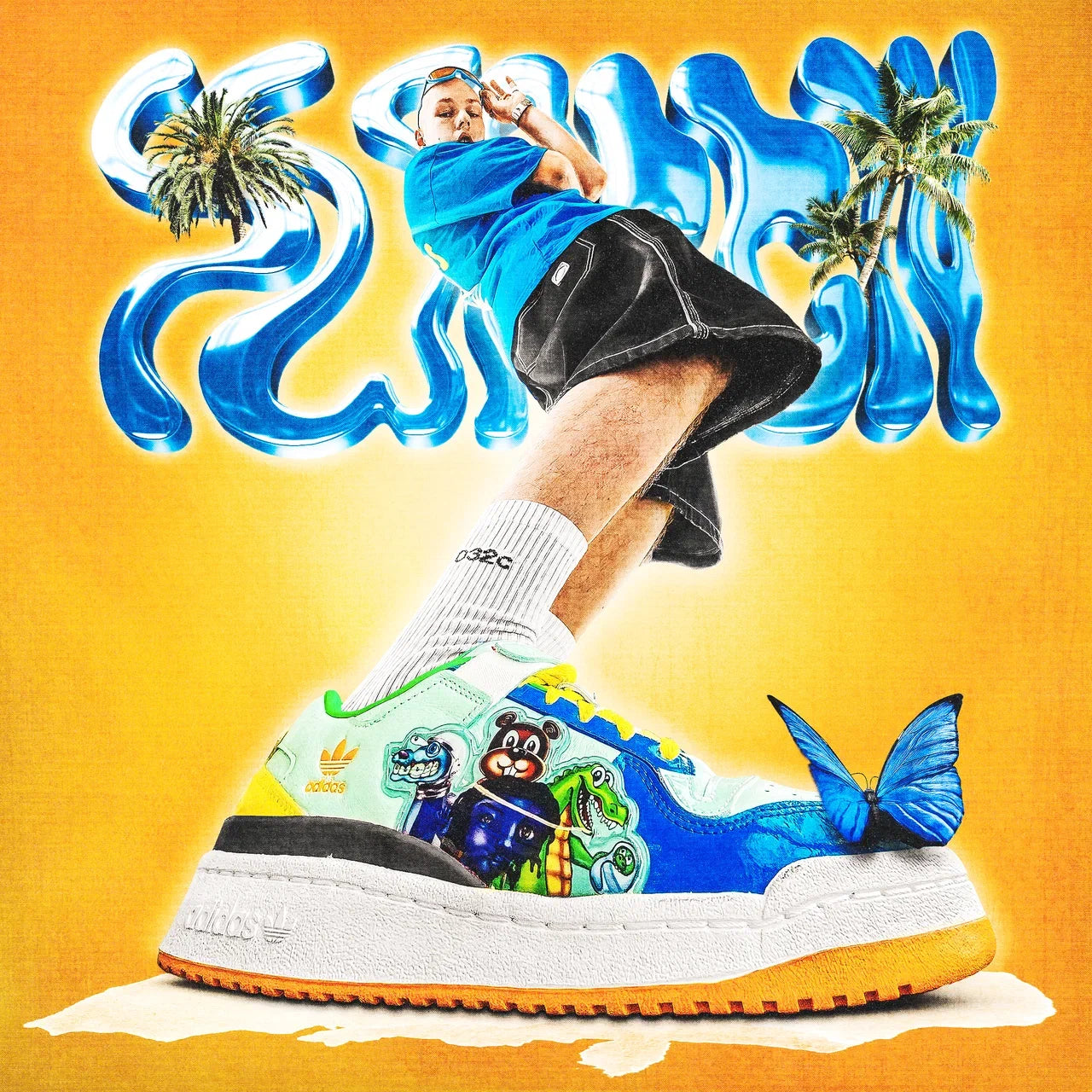 Colorful sneaker with cartoon characters on a bright yellow cover art albumbackground