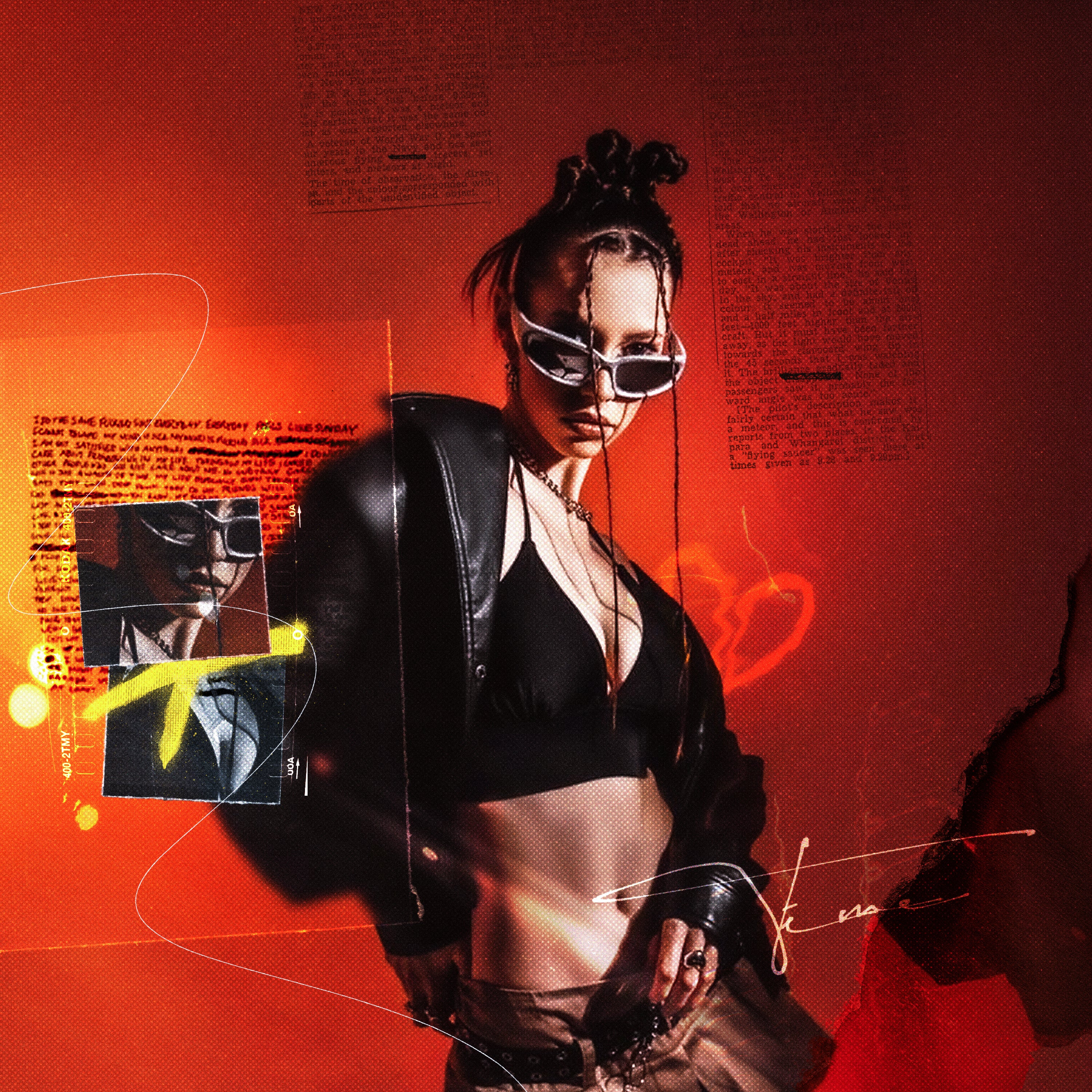 Person wearing a black outfit with sunglasses against a red and orange abstract background cover art album
