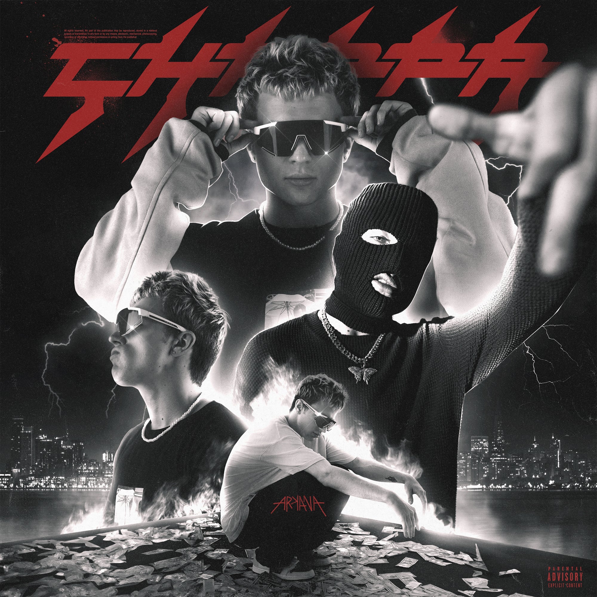 Collage of a person wearing sunglasses with a cityscape background and text overlay. cover art album