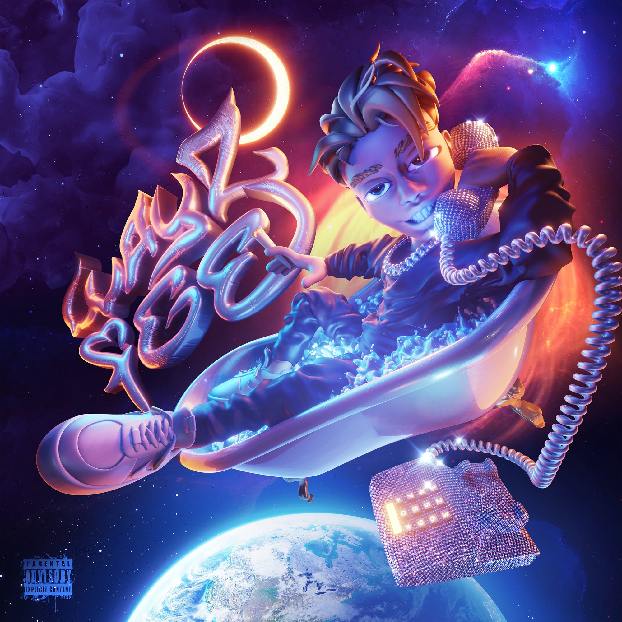 Animated character with futuristic phone and space-themed background cover art album