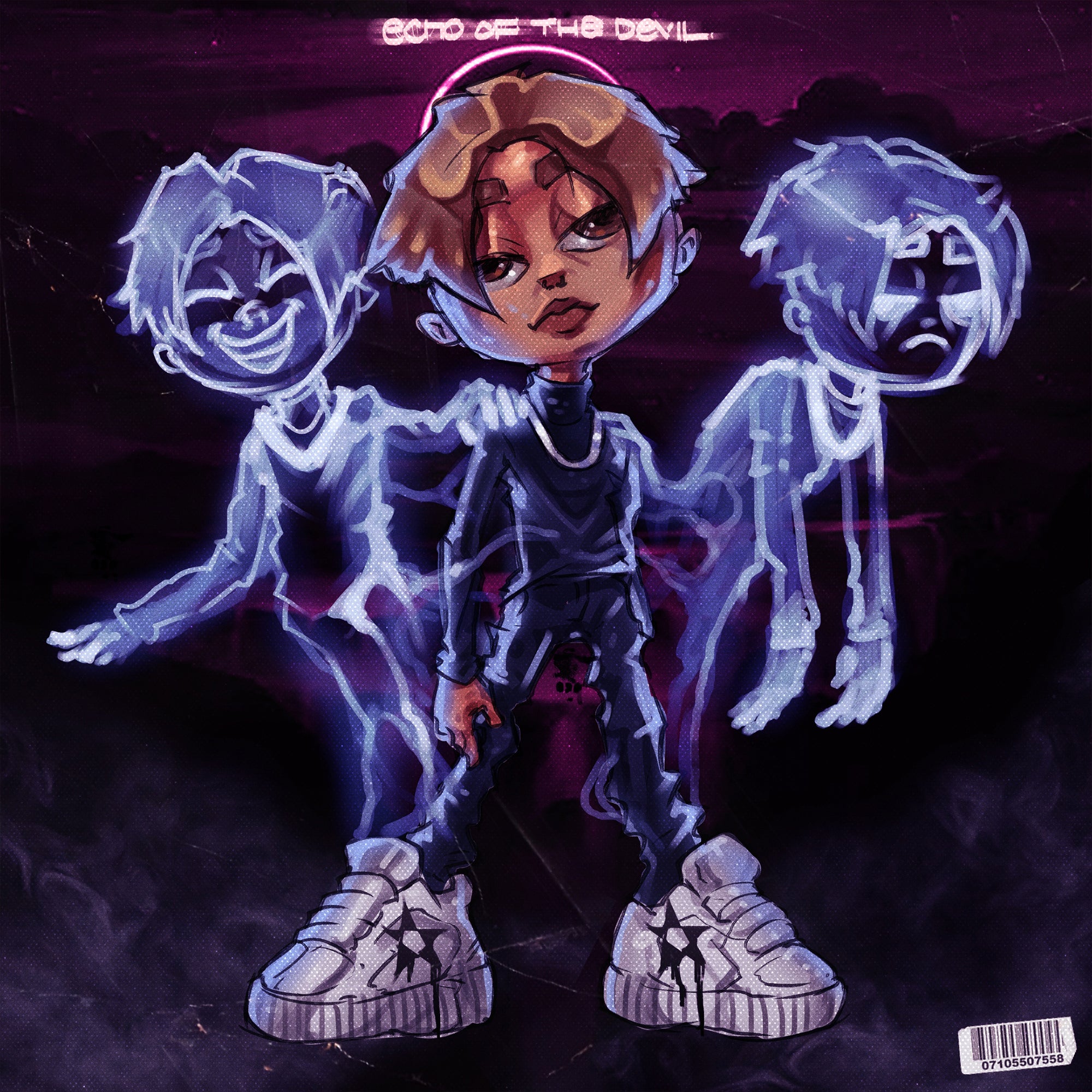 Album cover with a stylized character and ghostly figures on a dark background cover art album