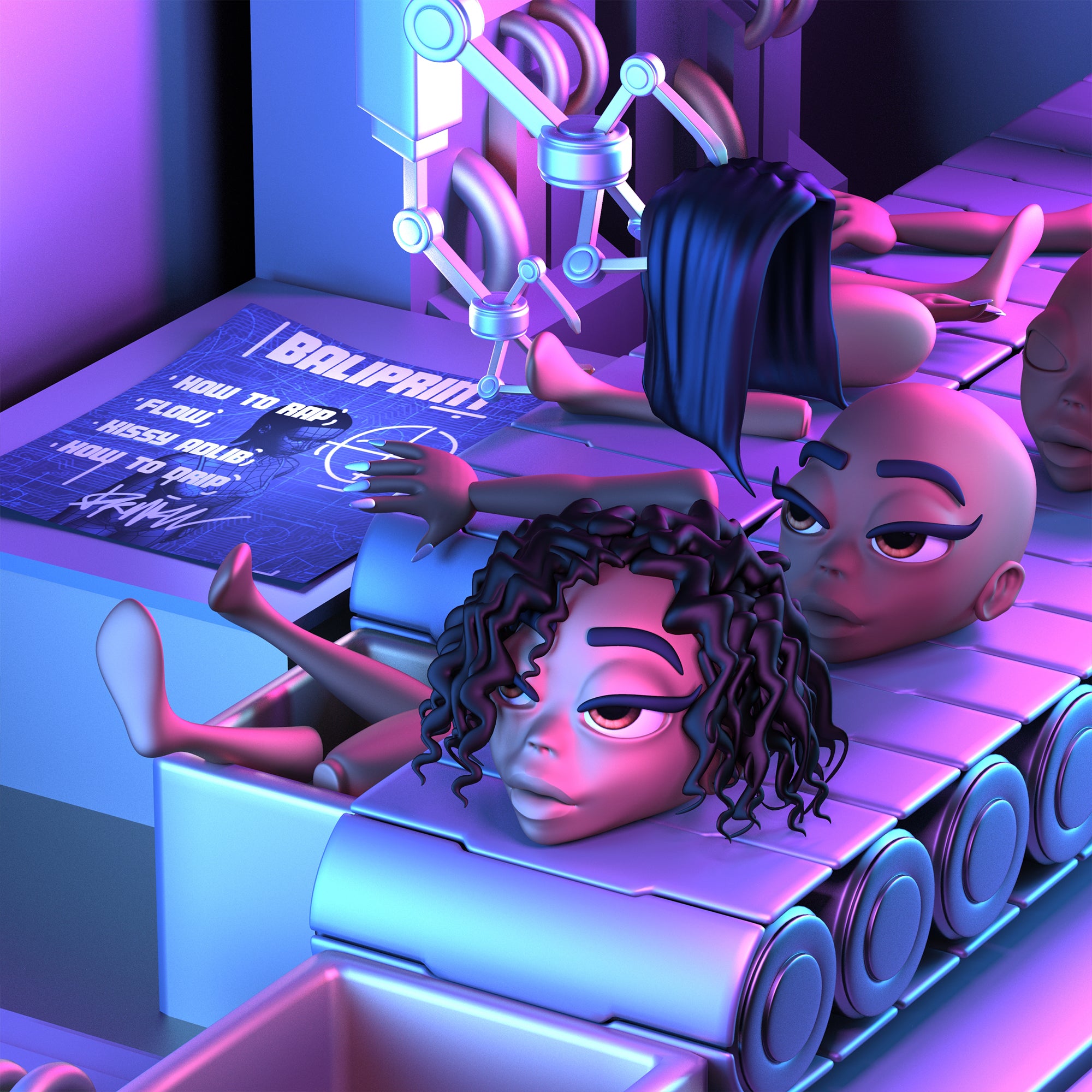Three animated characters in a futuristic setting with neon lighting. cover art album