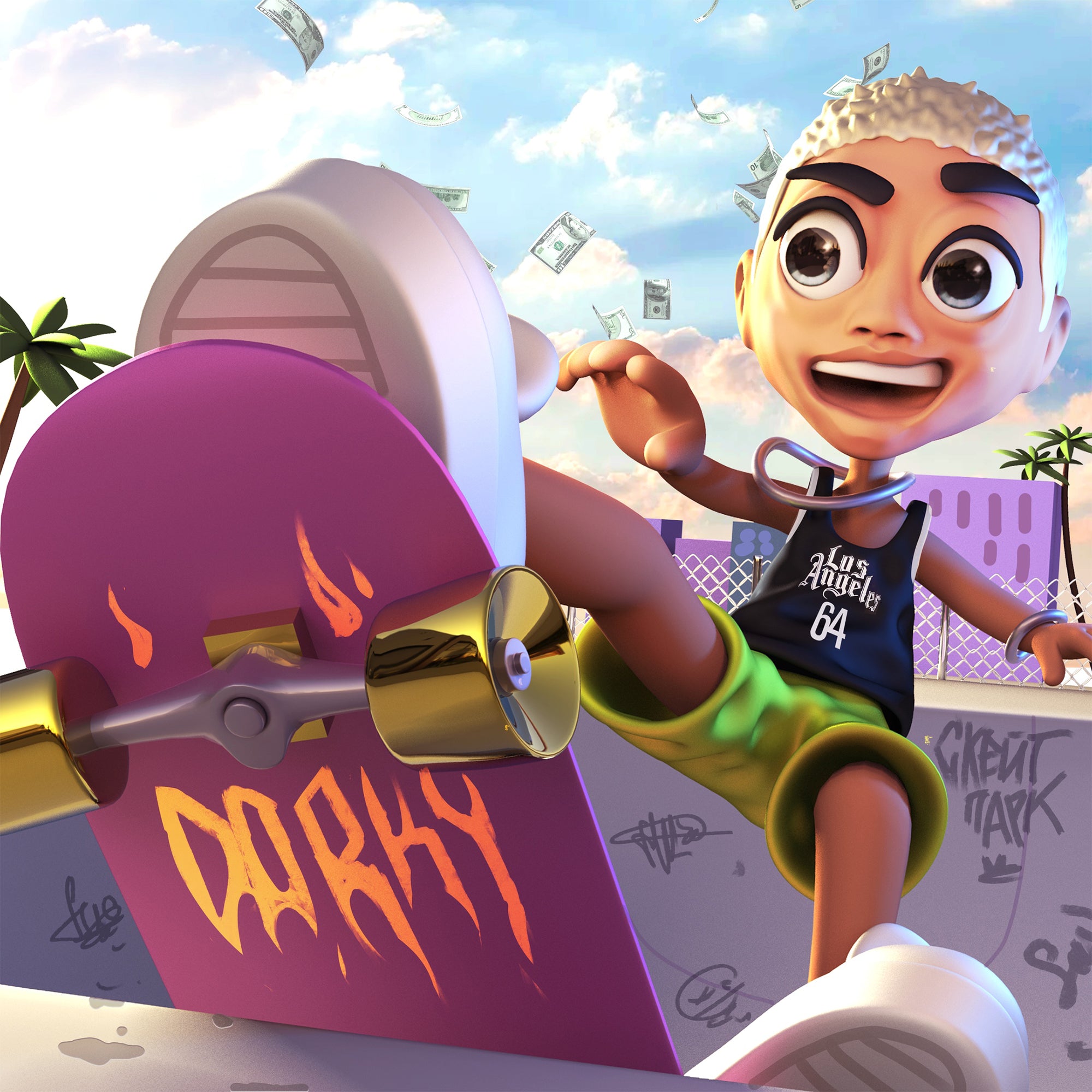 Animated character with a skateboard and cityscape background cover art album