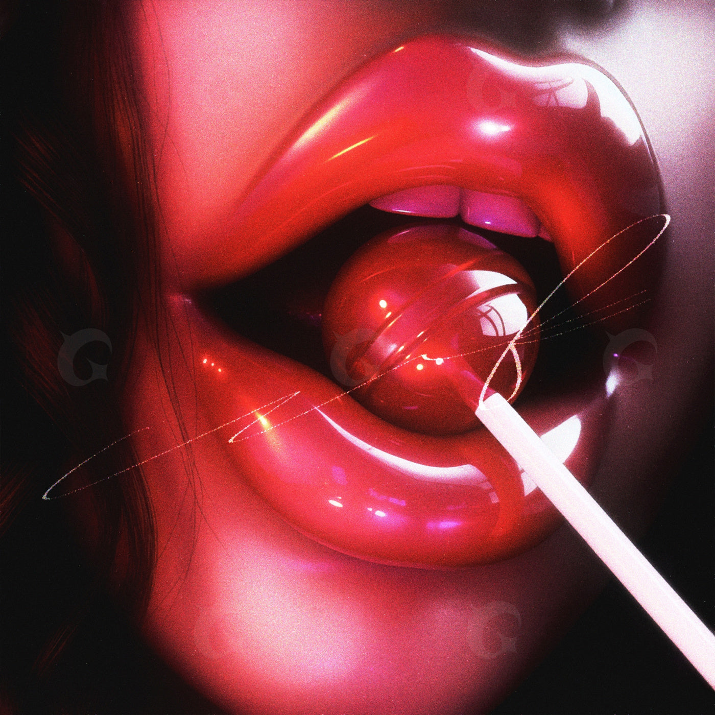 Lips holding lollipop