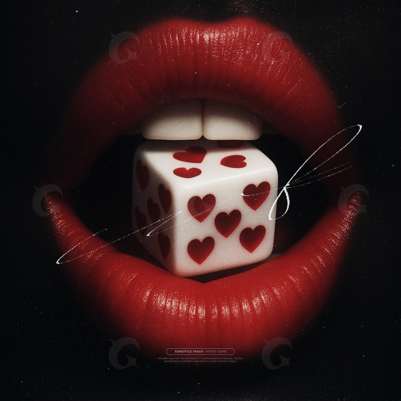 Lips holding hearted dice