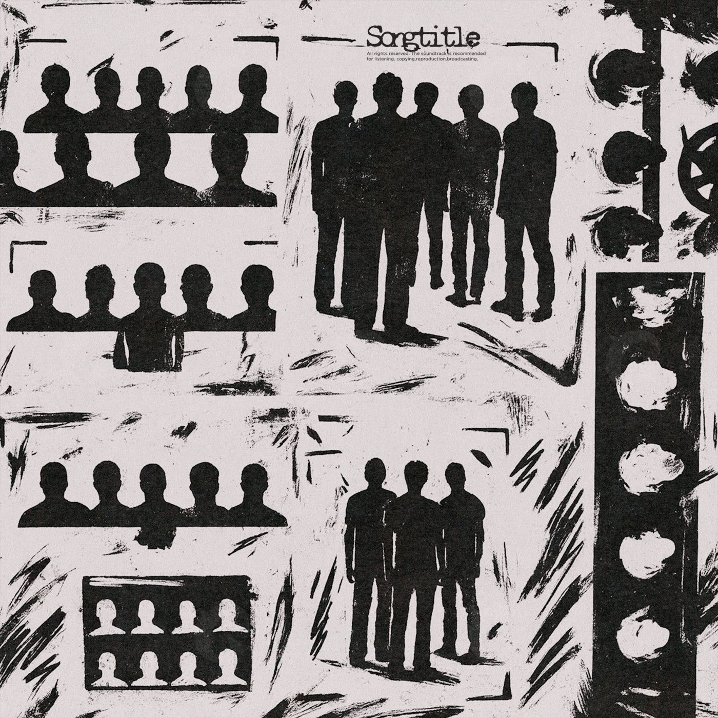 Silhouetted figures in rows