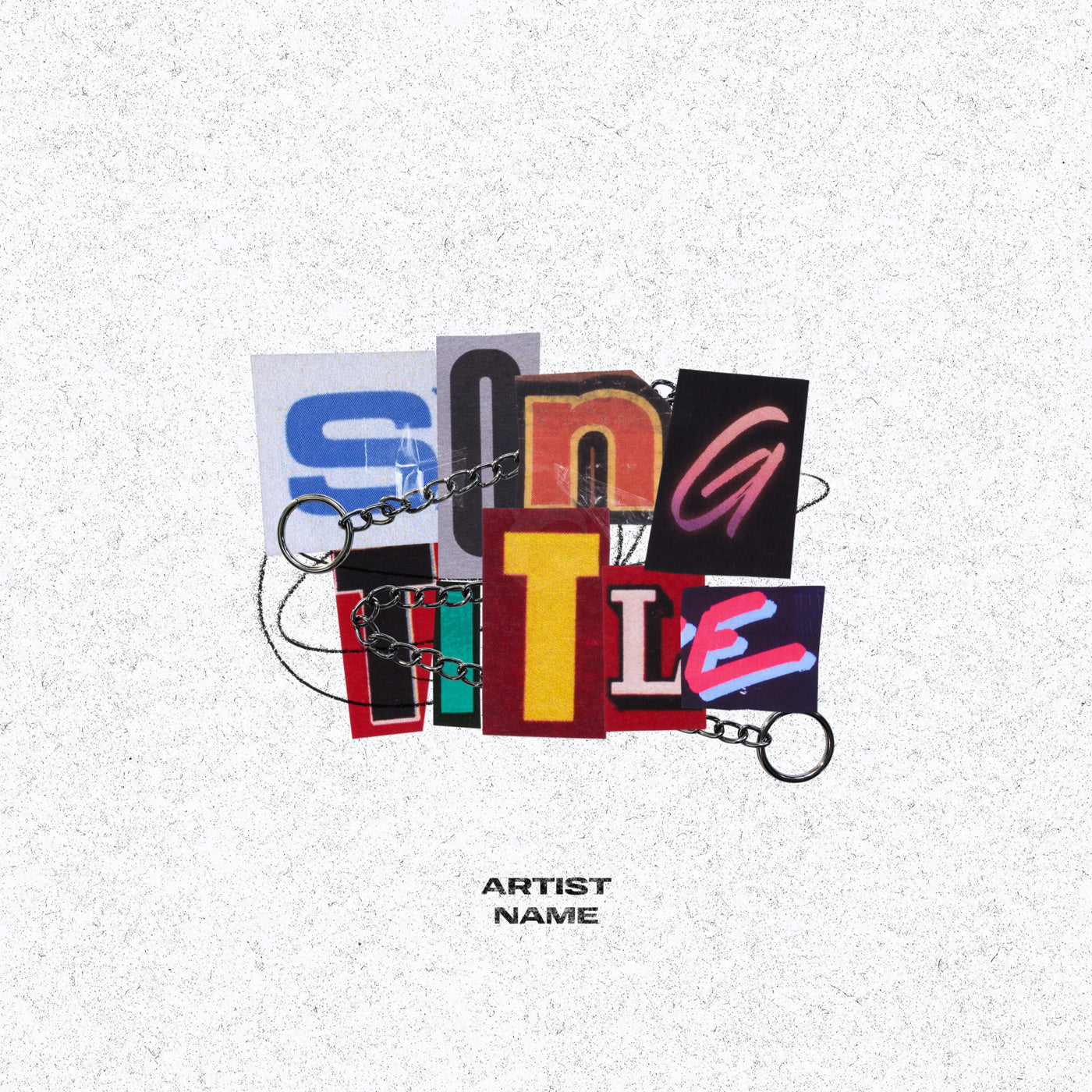 Album cover with colorful text pieces and a chain on a textured white cover art albumbackground