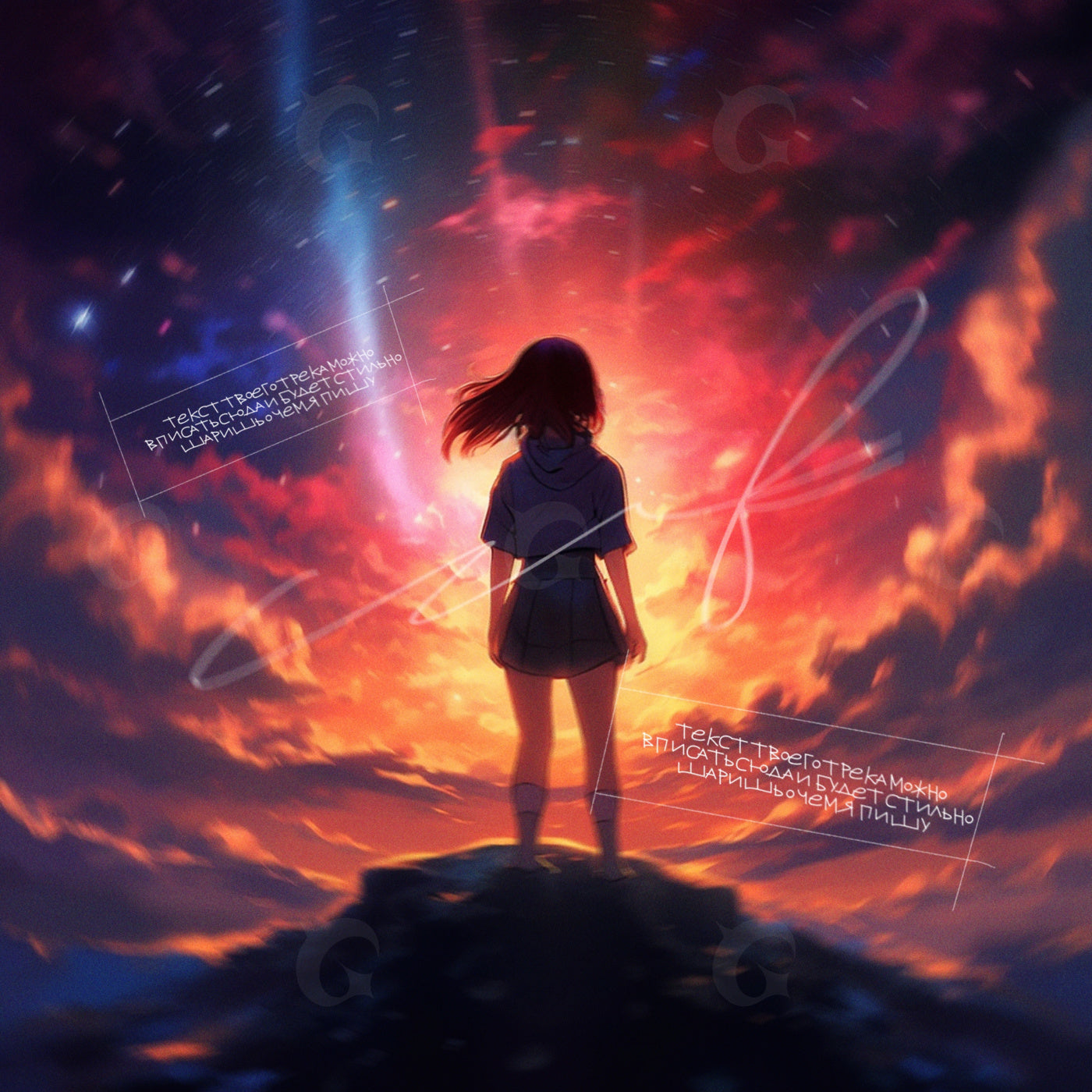Girl facing fiery sky