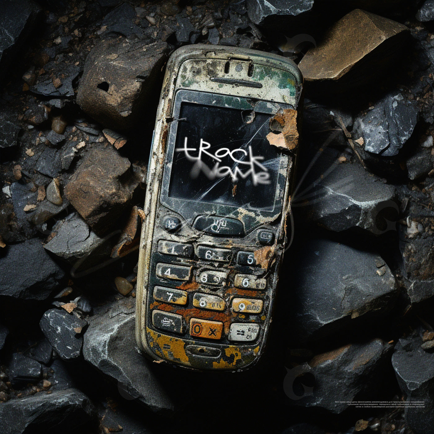 Rusty phone among stones
