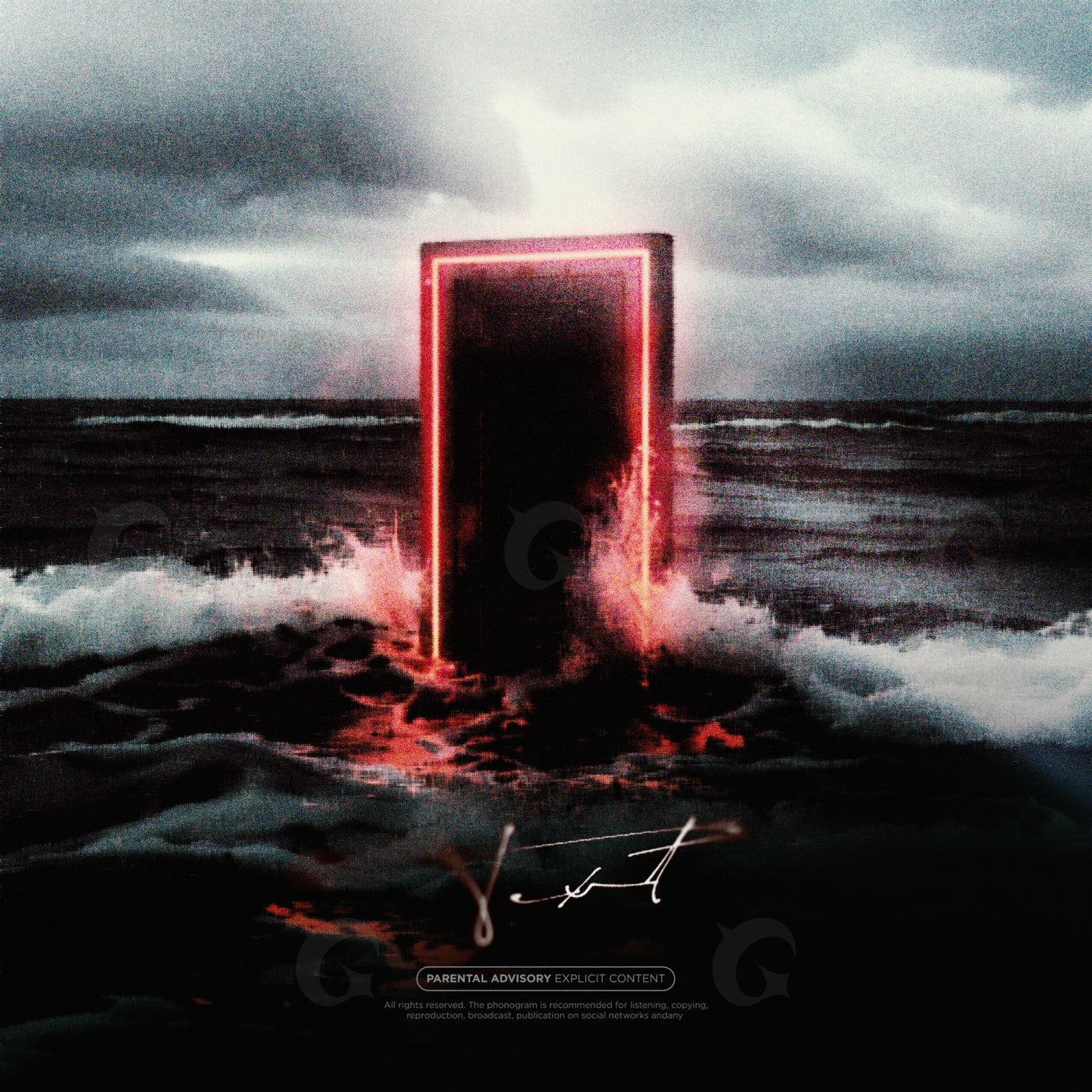 Neon doorway amid waves