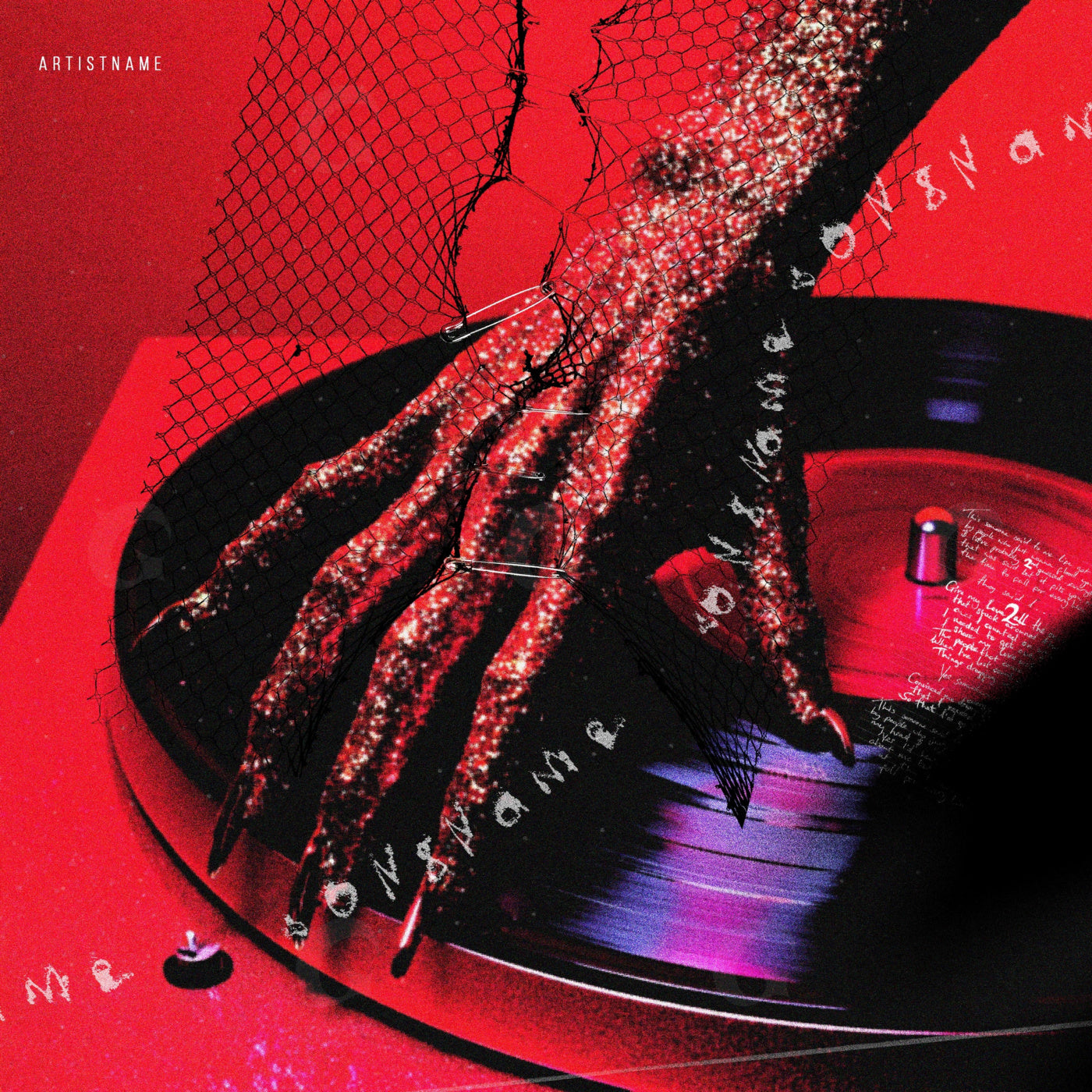 Gloved hand on turntable