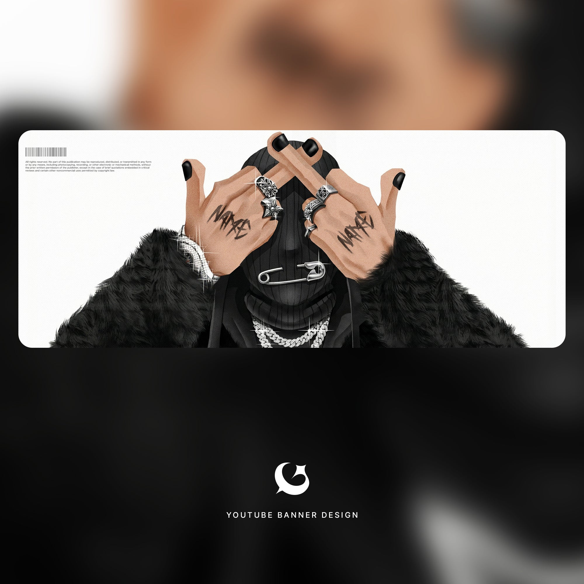 Person with tattoos and jewelry holding a record cover, with 'YouTube Banner Design' text.