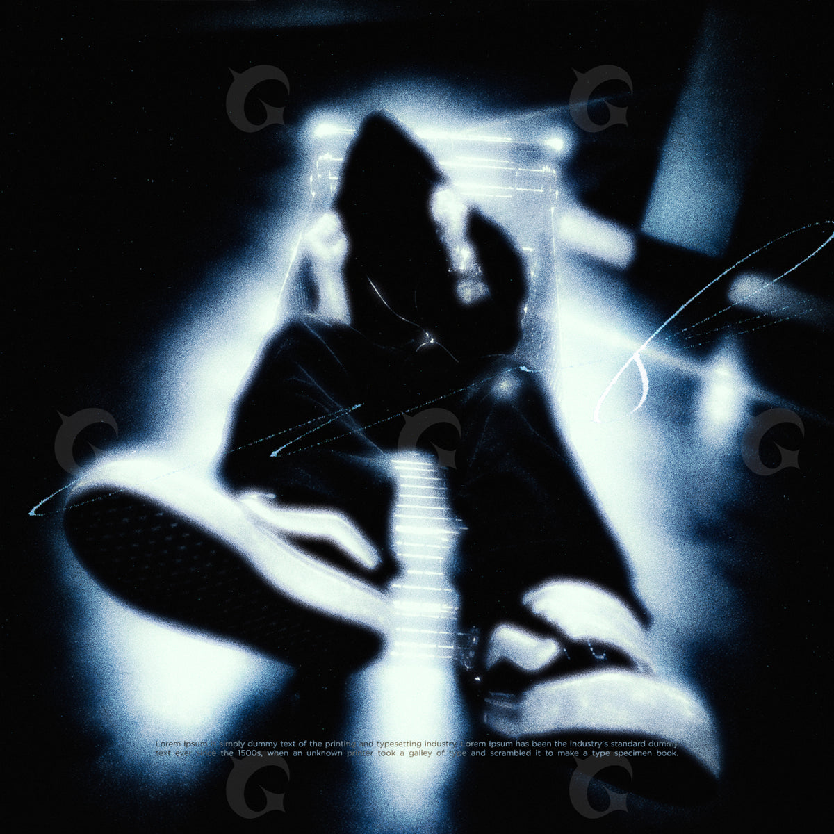 Portada musical prediseñada: una silueta femenina sentada entre luces azules y sombras desenfocadas.