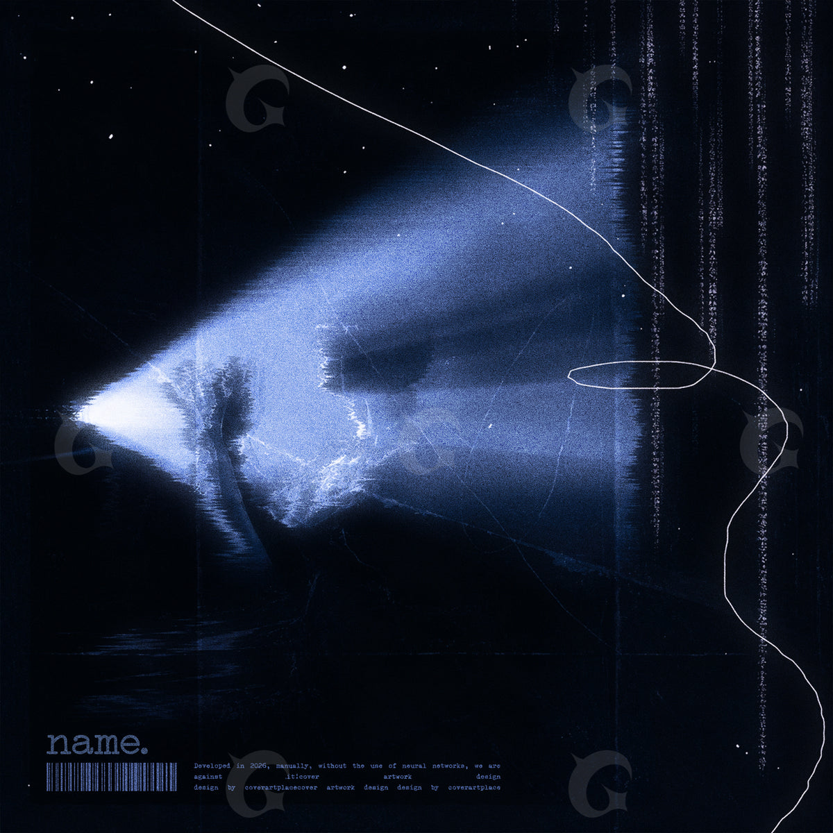 Portada musical prediseñada: haces de luz que atraviesan un campo oscuro junto a la silueta de un árbol.
