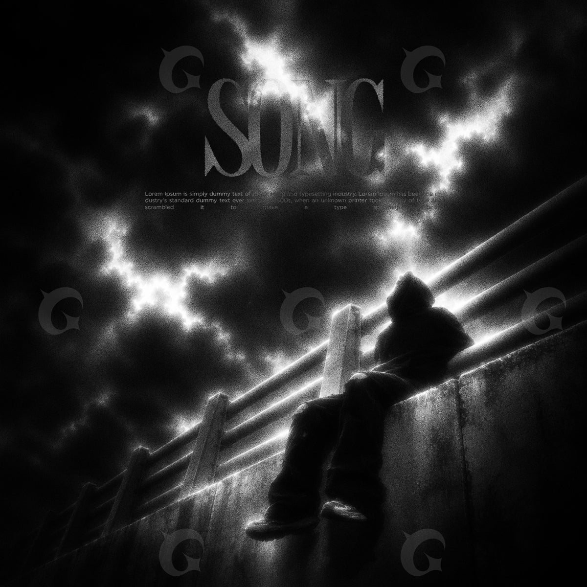 Portada musical prediseñada: una figura encapuchada junto a una barandilla bajo un cielo iluminado por rayos.