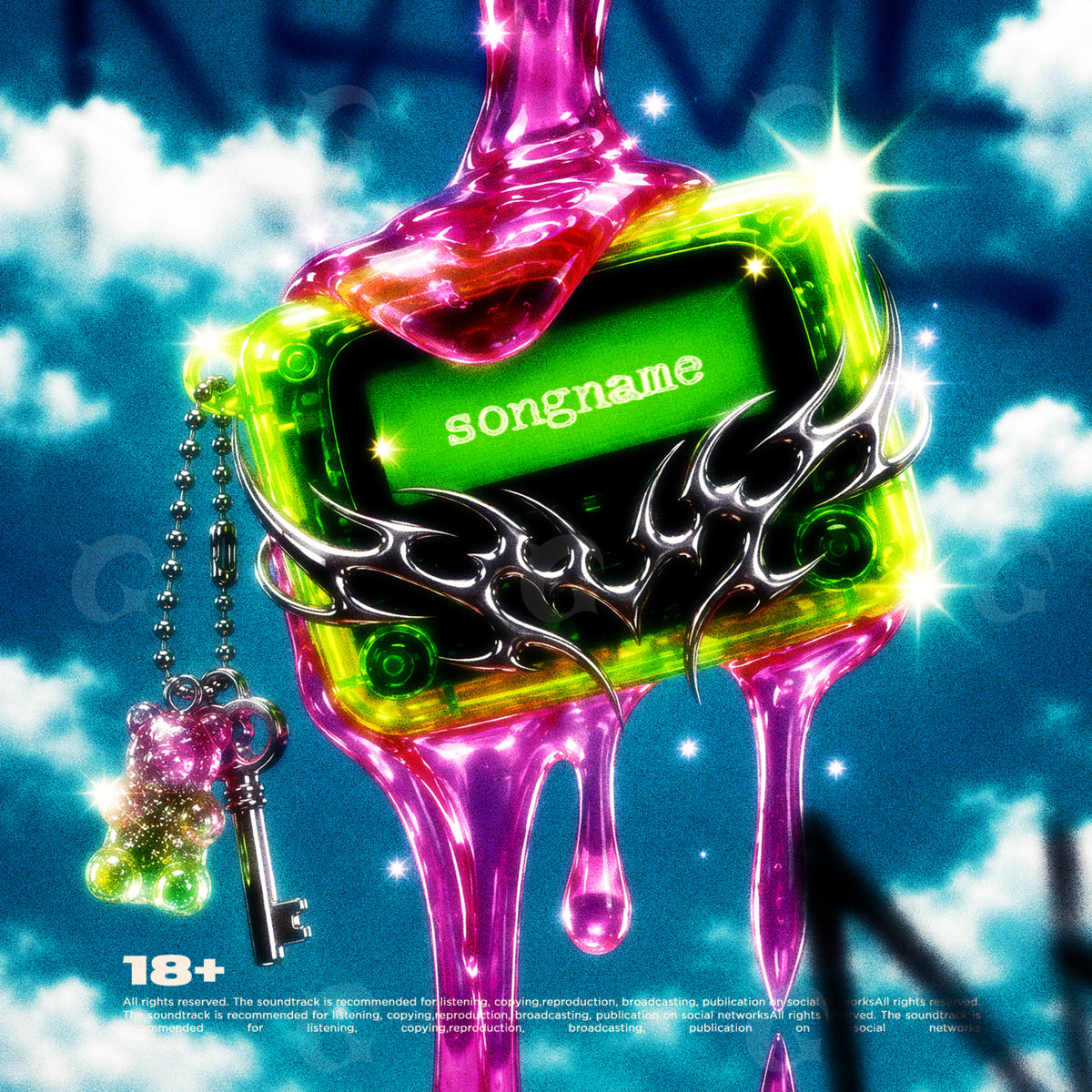 Portada musical prediseñada: un reproductor digital verde con detalles cromados y líquido rosa que se derrite.