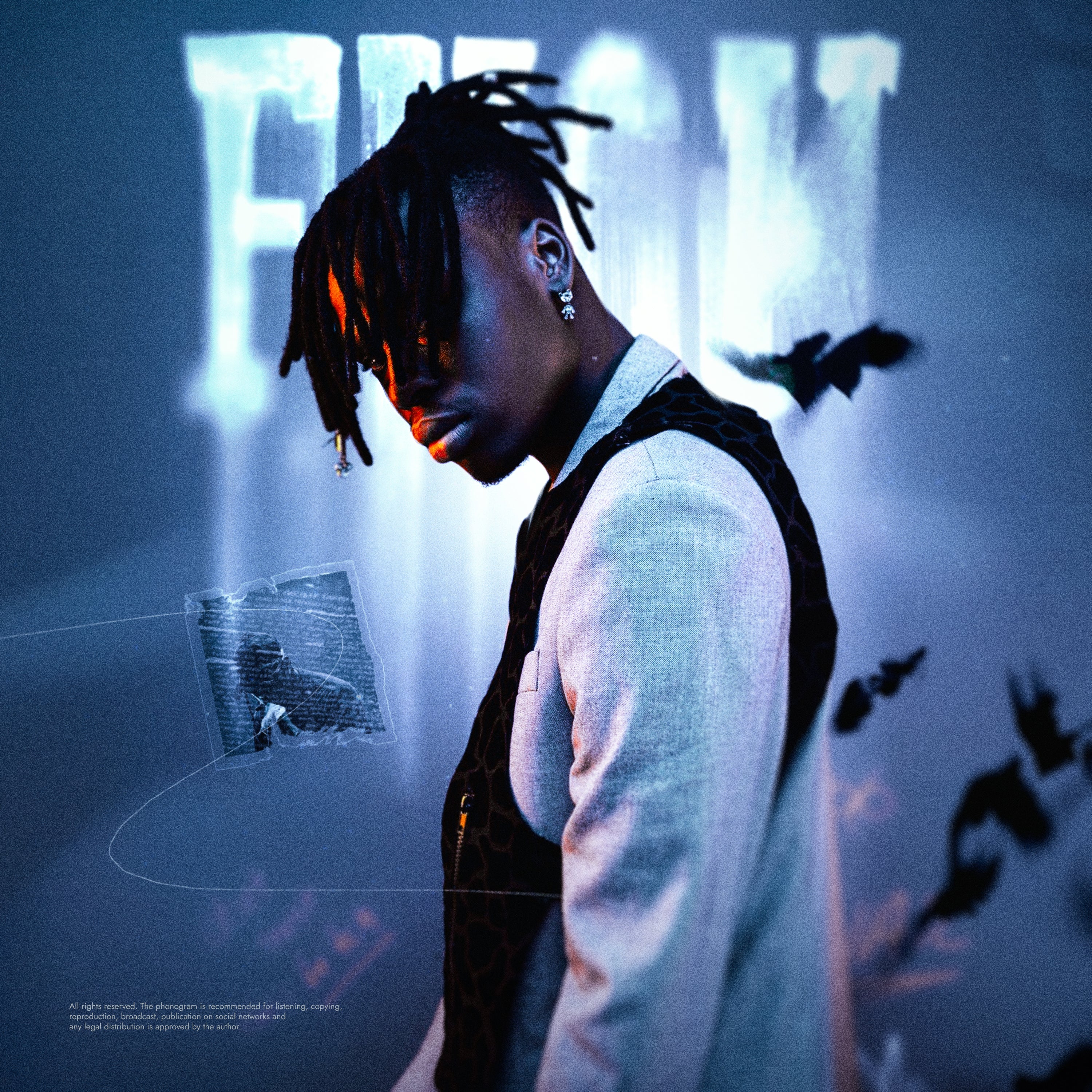 Person with styled hair in a dark setting with text and abstract elements cover art album