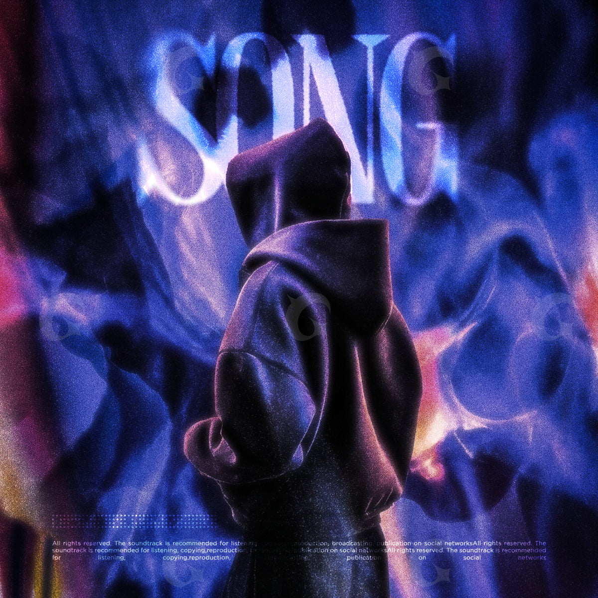 Portada musical prediseñada: una figura encapuchada rodeada de llamas azules y violetas.