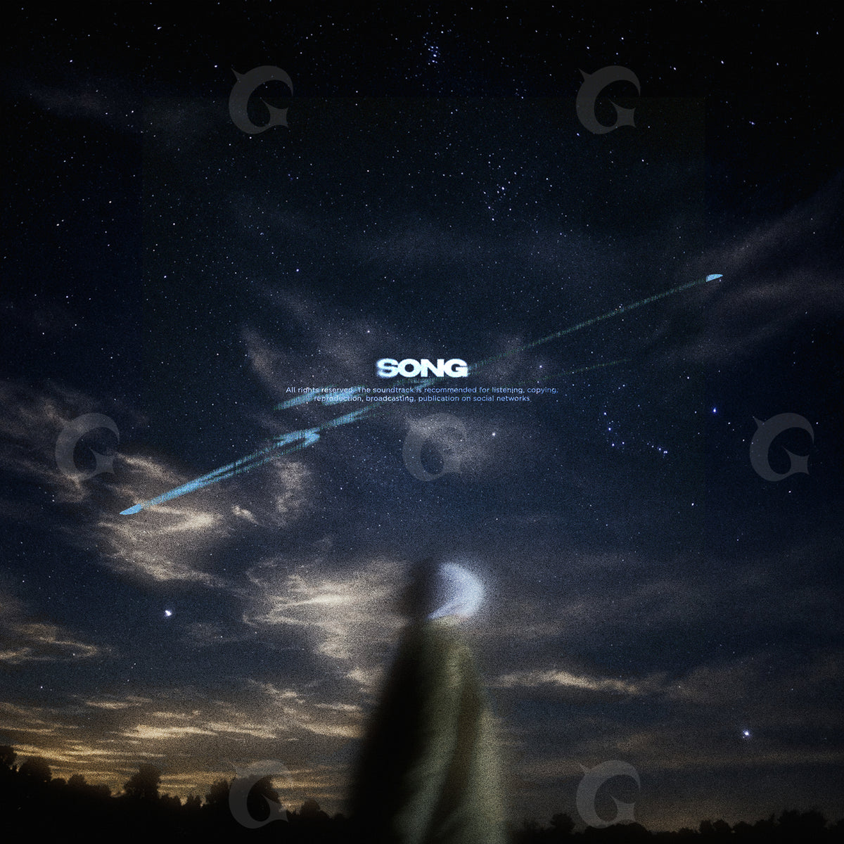 Portada musical prediseñada: un cielo nocturno inmenso con nubes, estrellas y luz sobre el horizonte.