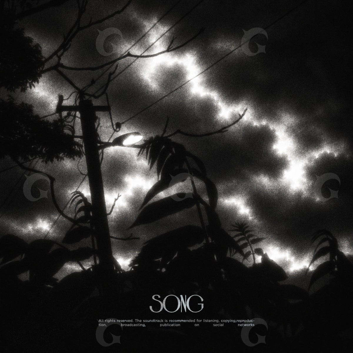 Portada musical prediseñada: palmeras a contraluz y nubes de tormenta en una escena en blanco y negro.